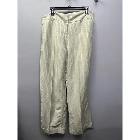 Emma James Pants Womens 14 Green Stripes Linen Blend Mid Rise Straight Leg NEW - Picture 1 of 8